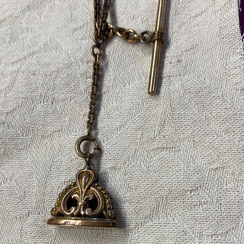 Antique Pocket Watch Chain with Tie Bar and Fob - Picture 2 of 6